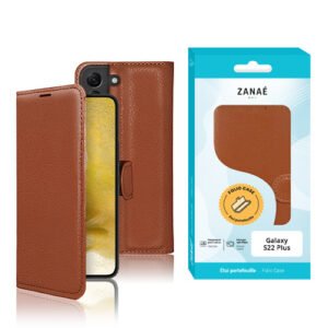 Étui folio marron en cuir ZANAÉ pour Samsung Galaxy S22 Plus avec rabat magnétique élégant.