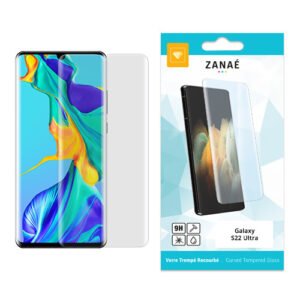 Verre trempé incurvé ZANAÉ 9H pour Galaxy S22 Ultra avec emballage blanc et bleu.