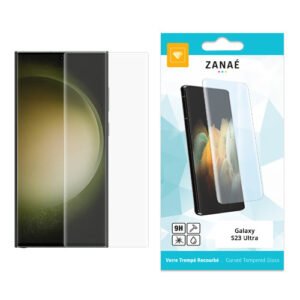 Verre trempé courbé ZANAÉ pour Galaxy S23 Ultra avec emballage bleu et blanc premium.