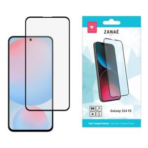 Verre trempé intégral ZANAÉ Galaxy S24 FE avec bordure noire et emballage blanc élégant