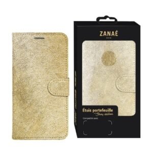Étui portefeuille doré ZANAÉ luxe avec finition métallique et boîte noire élégante.
