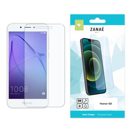 Verre trempé ZANAÉ transparent pour smartphone Honor 6A blanc avec emballage affichant dureté 9H.