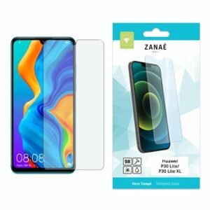 Verre trempé ZANAÉ 9H pour Huawei P30 Lite avec smartphone et emballage turquoise.