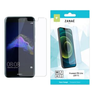 Verre trempé ZANAÉ pour Huawei P8 Lite 2017 avec emballage blanc et turquoise.