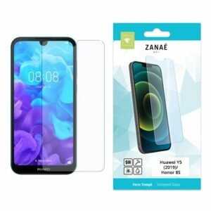 Verre trempé ZANAË pour Huawei Y5 2019 avec emballage blanc et turquoise moderne.