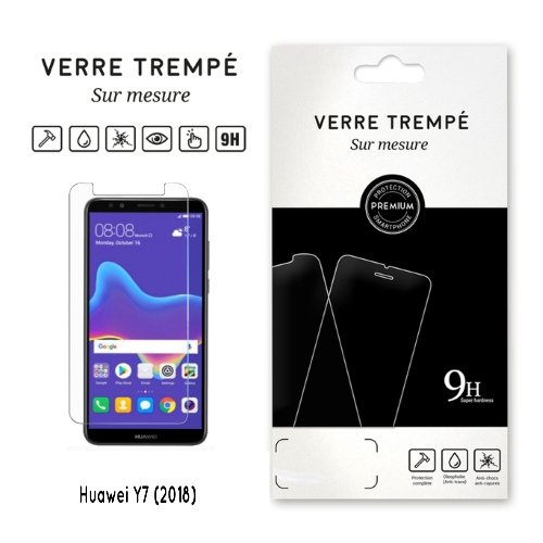 Verre trempé 9H premium Huawei Y7 2018, protection d’écran transparente et résistante.