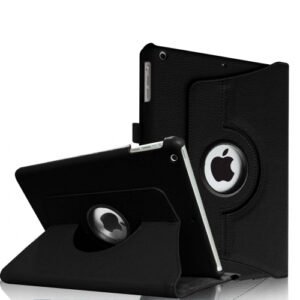 Housse iPad noire rotative en simili cuir avec support pivotant vertical et horizontal élégant.
