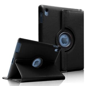 Étui rotatif en cuir noir pour iPad avec anneau bleu et support réglable élégant