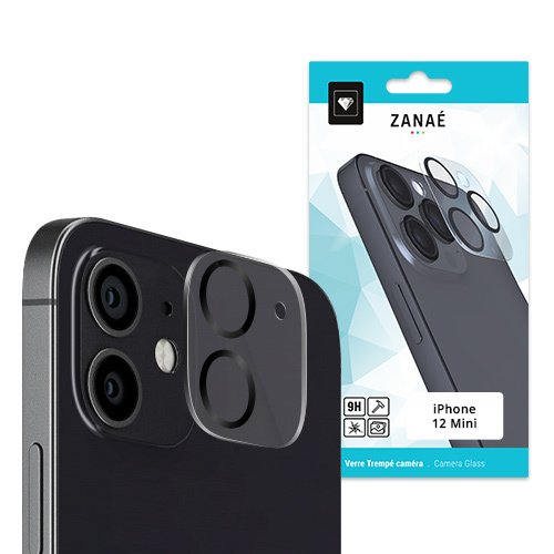 Protection d’objectif ZANAÉ en verre trempé 9H pour iPhone 12 Mini, design élégant et résistant.
