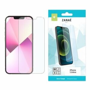 Film protecteur en verre trempé ZANAÉ pour iPhone 13 Mini avec emballage moderne.