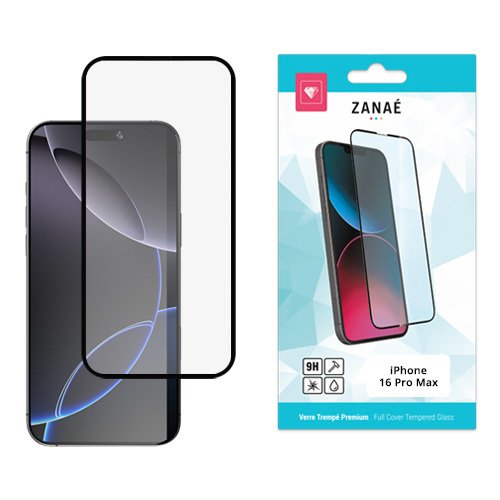 Verre trempé ZANAÉ 9H pour iPhone 16 Pro Max avec design précis et protection premium.
