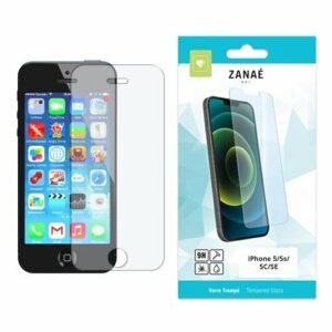 Protection d’écran en verre trempé ZANAË pour iPhone 5, 5s, 5c et SE avec emballage moderne.