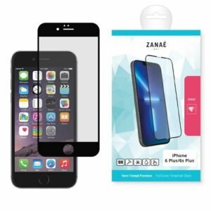 Protection d’écran en verre trempé ZANAE pour iPhone 6 Plus avec emballage moderne et téléphone affiché.