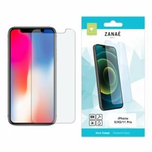 Protection d’écran iPhone ZANAÉ en verre trempé 9H transparent avec emballage turquoise élégant.