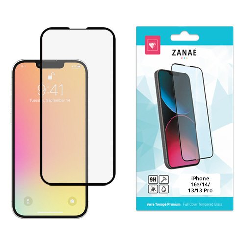 Verre trempé ZANAÉ premium pour iPhone avec emballage turquoise moderne et protection écran complète.