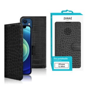 Étui portefeuille noir effet crocodile ZANAÉ pour iPhone 12 Mini, élégant et protecteur.