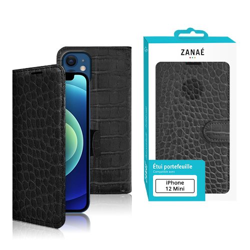 Étui portefeuille noir effet crocodile ZANAÉ pour iPhone 12 Mini, élégant et protecteur.