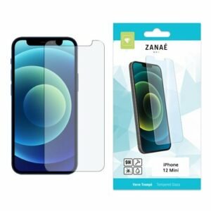 Protecteur d’écran en verre trempé transparent ZANAÈ pour iPhone 12 Mini avec emballage bleu et blanc.