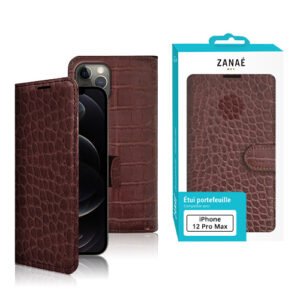 Étui portefeuille marron effet croco ZANAÉ pour iPhone 12 Pro Max élégant et raffiné