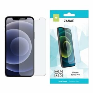 Verre trempé ZANAÉ transparent pour iPhone 12 / 12 Pro avec emballage bleu et blanc élégant.