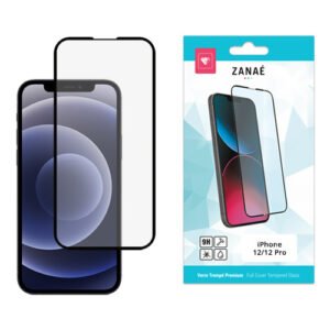 Verre trempé ZANAÉ pour iPhone 12 et 12 Pro avec emballage moderne blanc et turquoise.