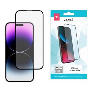 Verre trempé ZANAÈ pour iPhone 14 Pro Max, protection 9H transparente à bords noirs.