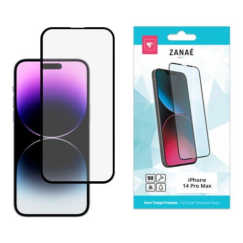 Verre trempé ZANAÈ pour iPhone 14 Pro Max, protection 9H transparente à bords noirs.