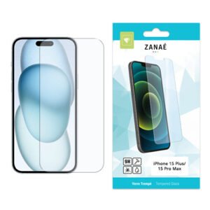 Verre trempé ZANAÉ pour iPhone 15 Plus et Pro Max, transparent, résistant et ajustement parfait.