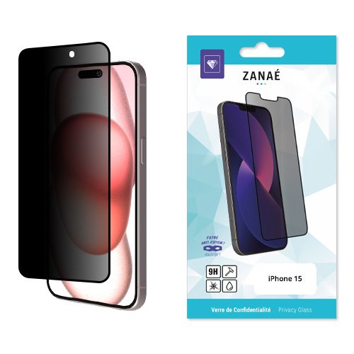 Protecteur d’écran confidentialité ZANAÉ 9H pour iPhone 15 avec filtre anti‑regard et emballage élégant.