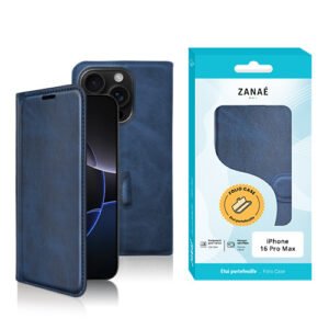 Housse folio bleue ZANAÉ pour iPhone 15 Pro Max, élégante et protectrice.
