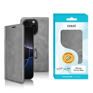 Étui portefeuille gris ZANAÉ pour iPhone 15 Pro Max avec design pliable et finition élégante.