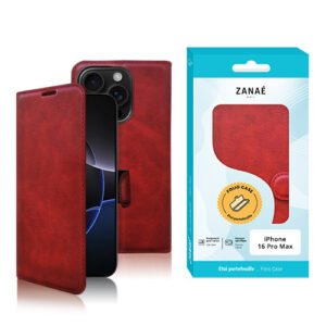 Coque portefeuille rouge pliable en similicuir pour iPhone 15 Pro Max ZANAÉ.