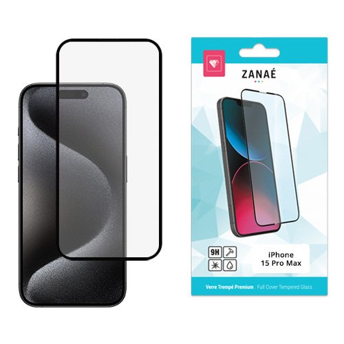 Verre trempé intégral ZANAÉ pour iPhone 15 Pro Max, protection 9H et clarté HD.