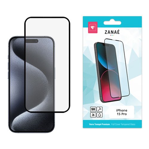Verre trempé intégral ZANAÉ pour iPhone 15 Pro, protection complète transparente et résistante.
