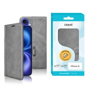 Coque folio grise ZANAÉ pour iPhone 16 en similicuir élégant avec rabat protecteur.