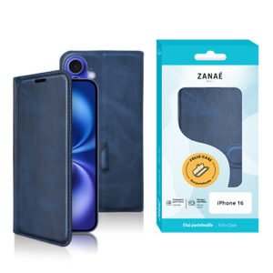 Coque folio bleu marine ZANAÉ pour iPhone 16, élégante et protectrice au fini cuir.