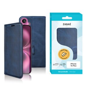 Coque folio en cuir bleu marine ZANAÉ pour iPhone 16 Plus avec emballage élégant.