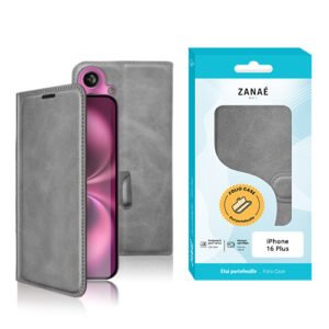 Coque pliable grise ZANAÉ pour iPhone 16 Plus avec design élégant et emballage moderne.