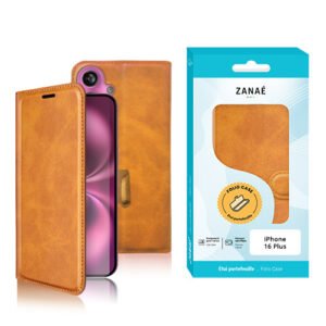 Coque pliable en cuir caramel pour iPhone 16 Plus avec emballage turquoise ZANAÉ élégant.