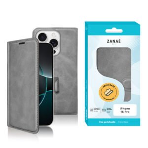 Étui folio gris ZANAÉ pour iPhone 16 Pro, élégant, moderne et protecteur.