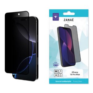 Verre trempé confidentialité ZANAÉ pour iPhone 16 Pro Max, protection 9H et filtre anti‑regards.