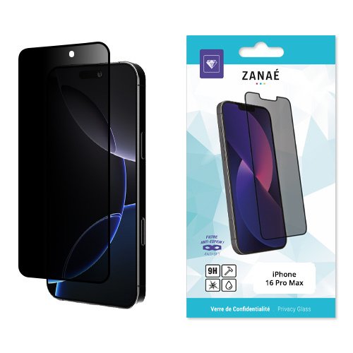 Verre trempé confidentialité ZANAÉ pour iPhone 16 Pro Max, protection 9H et filtre anti‑regards.