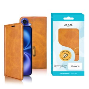 Étui folio en cuir caramel ZANAÉ pour iPhone 16 avec emballage turquoise élégant.