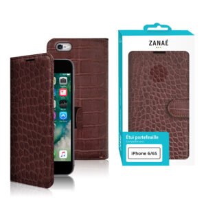 Étui portefeuille cuir marron façon crocodile pour iPhone 6/6S ZANAÉ élégant et protecteur