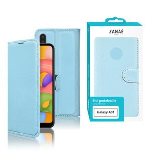 Étui portefeuille bleu clair ZANAÉ pour Samsung Galaxy A01, élégant simili cuir avec fermeture magnétique.