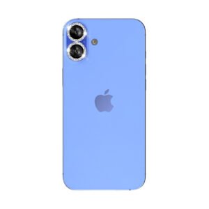 Dos d’un iPhone bleu clair élégant avec double caméra diagonale et logo Apple centré.