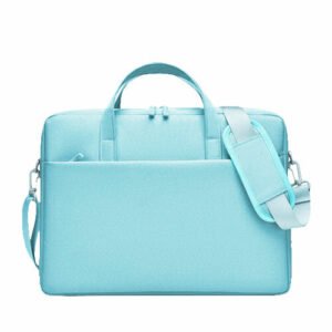 Sac d’ordinateur portable bleu clair moderne avec poignées, bandoulière détachable et design élégant.