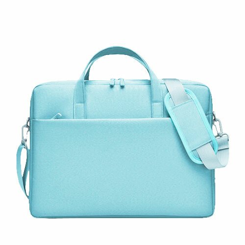 Sac d’ordinateur portable bleu clair moderne avec poignées, bandoulière détachable et design élégant.