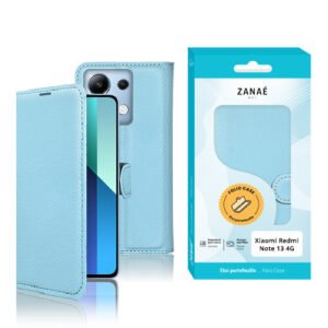 Étui portefeuille bleu clair ZANAÉ pour Xiaomi Redmi Note 13 4G avec rabat magnétique élégant.