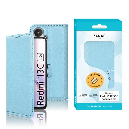 Coque portefeuille bleu clair ZANAÉ pour Xiaomi Redmi 13C 5G ou Poco M6 5G.